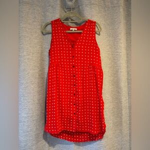 Red Sleeveless Button-Front Dress with White Dot Pattern